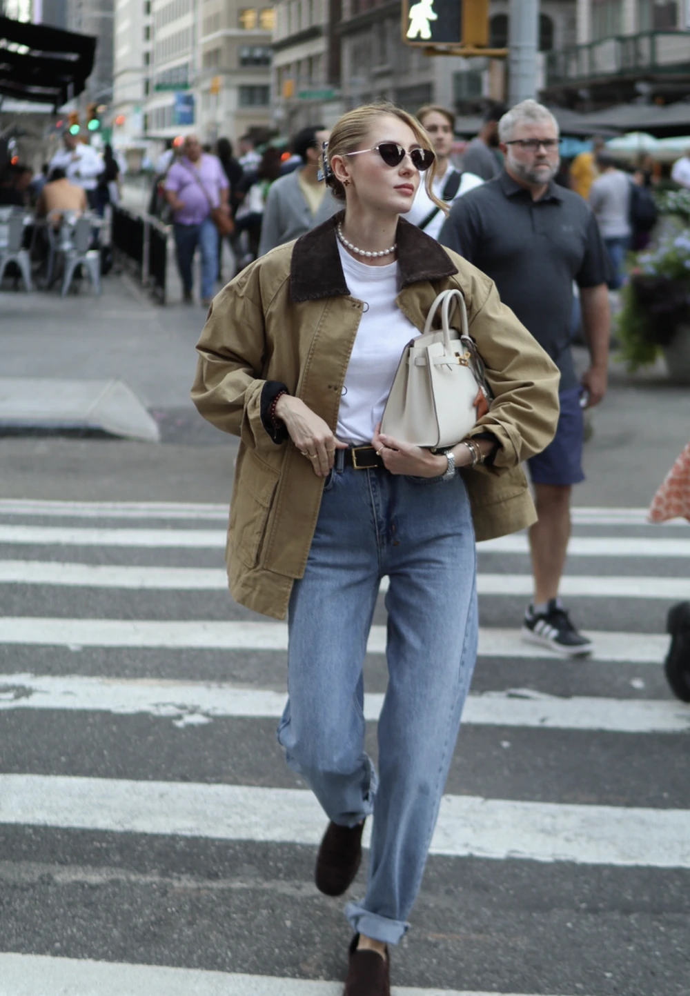 Tan Barn Jacket + White Tee + Straight-Leg Jeans