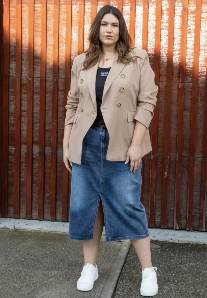 9- Tan Blazer and Denim Skirt With Sneakers