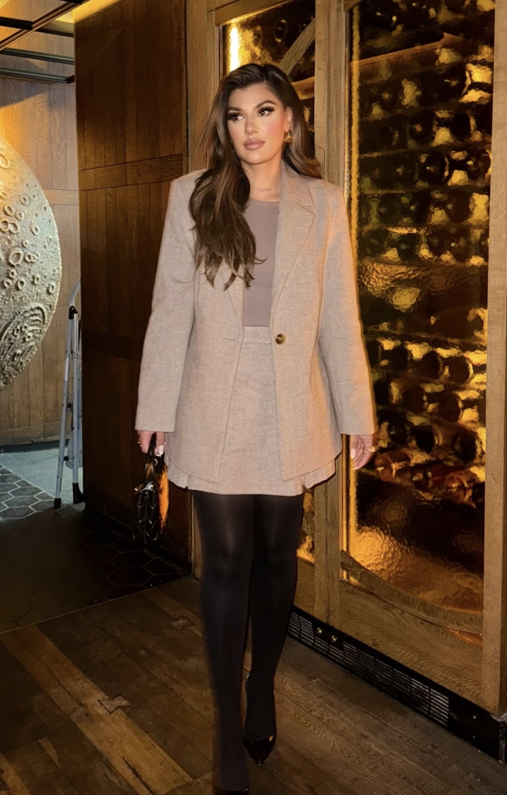 Tan Blazer + Matching Mini Skirt + Black Tights + Black Heels