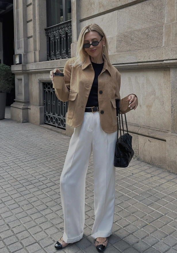 Tan Suede Jacket + Black Fitted Top + Cream Wide-Leg Trousers + Black Slingback Flats