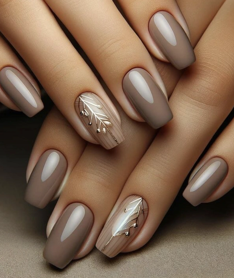 Taupe Coffin Nails with Delicate Leaf Accent