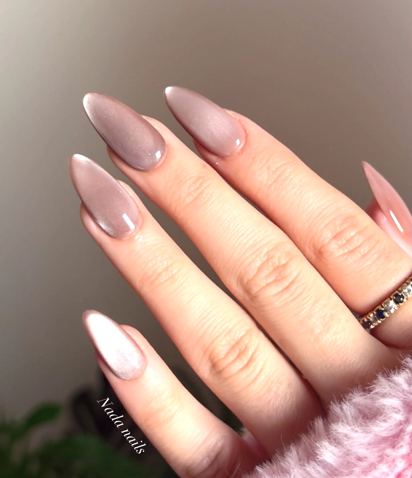 Taupe Shimmer Stiletto Nails with Cat-Eye Effect
