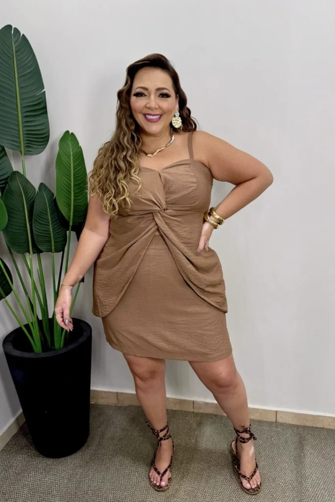 13- Taupe Twist Dress With Leopard Sandals