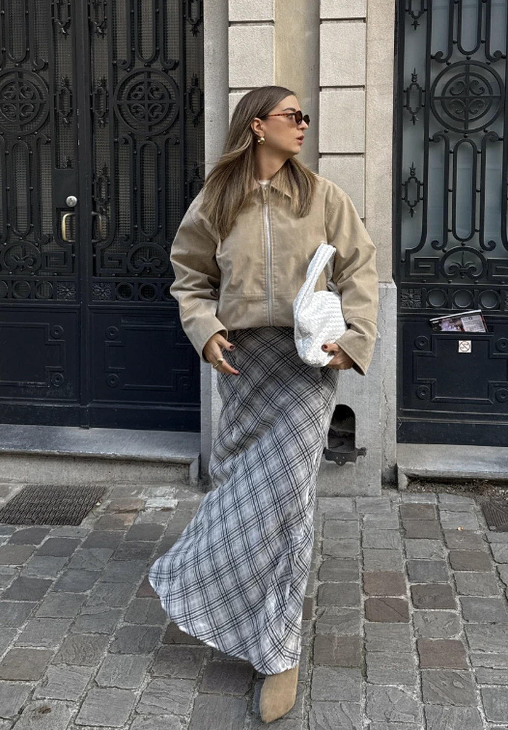 Taupe Zip Jacket + Plaid Maxi Skirt + Suede Boots
