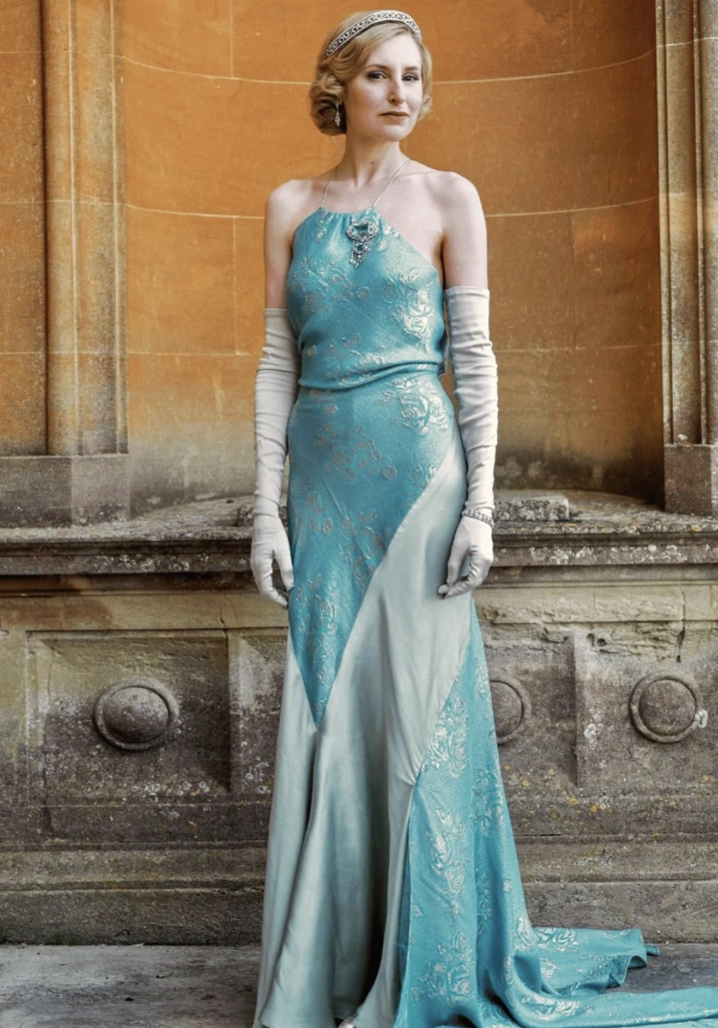 Teal Halter Gown with Silver Floral Details and Opera Gloves
