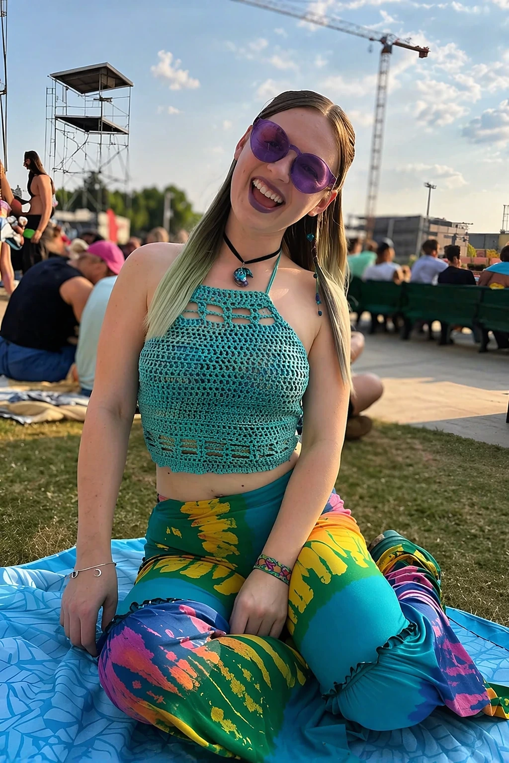 Teal Halter Top Outfit + Colorful Tie-Dye Pants