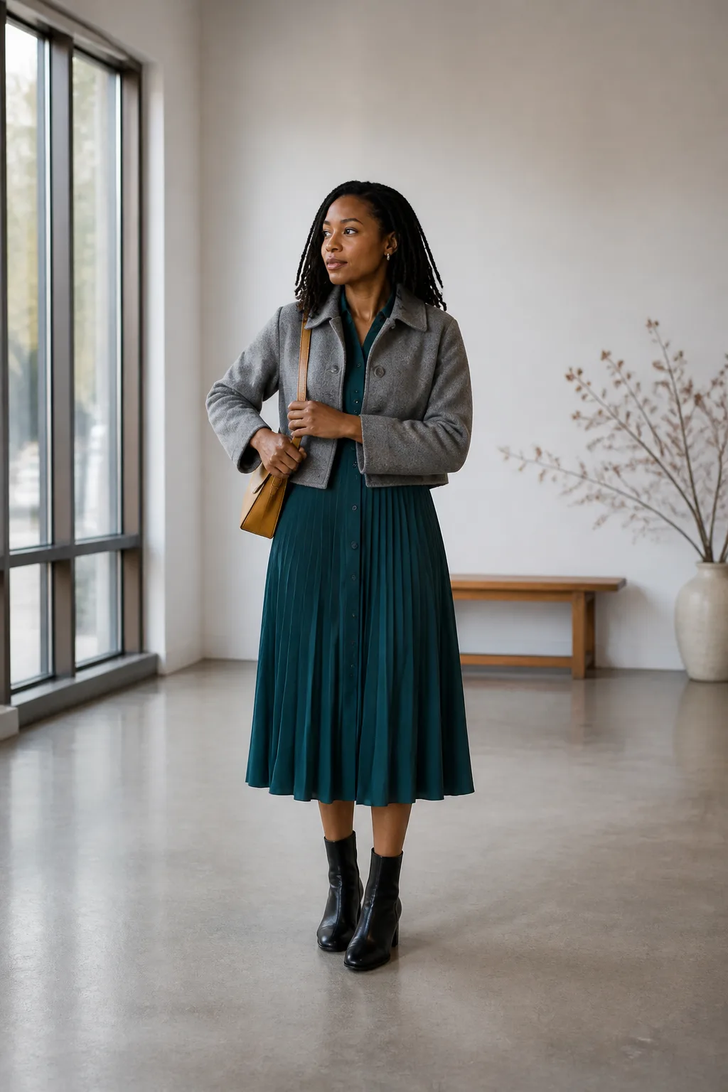 Teal Pleated Midi Dress with a Cropped Coat