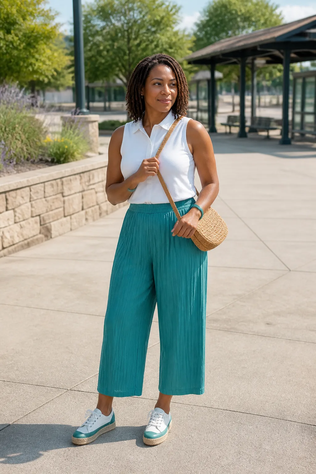 Teal Pleated Pants, White Sleeveless Polo, and Espadrille Sneakers