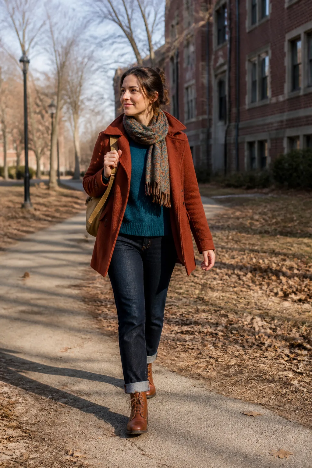 Teal Sweater with Dark Denim and a Wool Coat