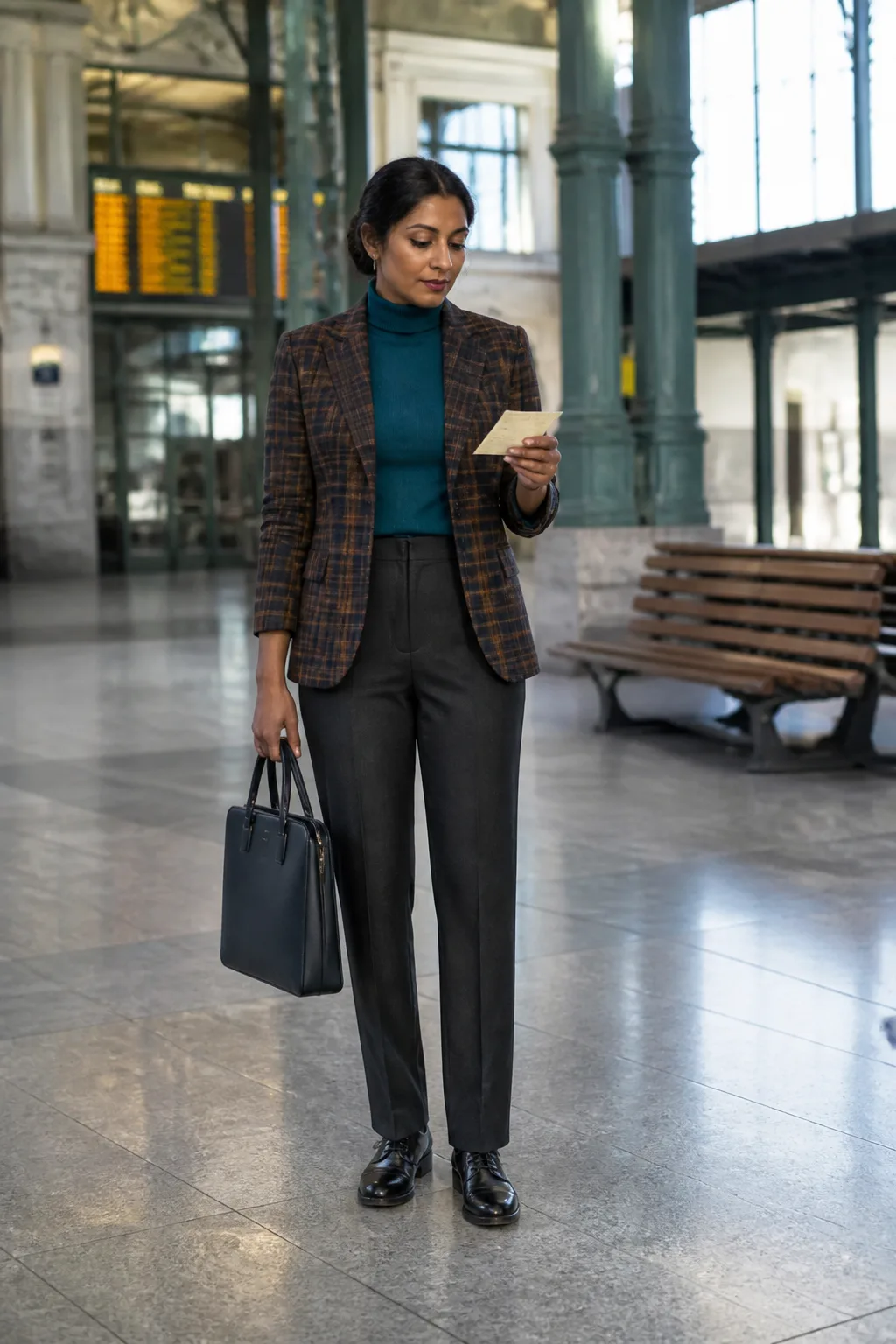 Teal Turtleneck with a Plaid Blazer