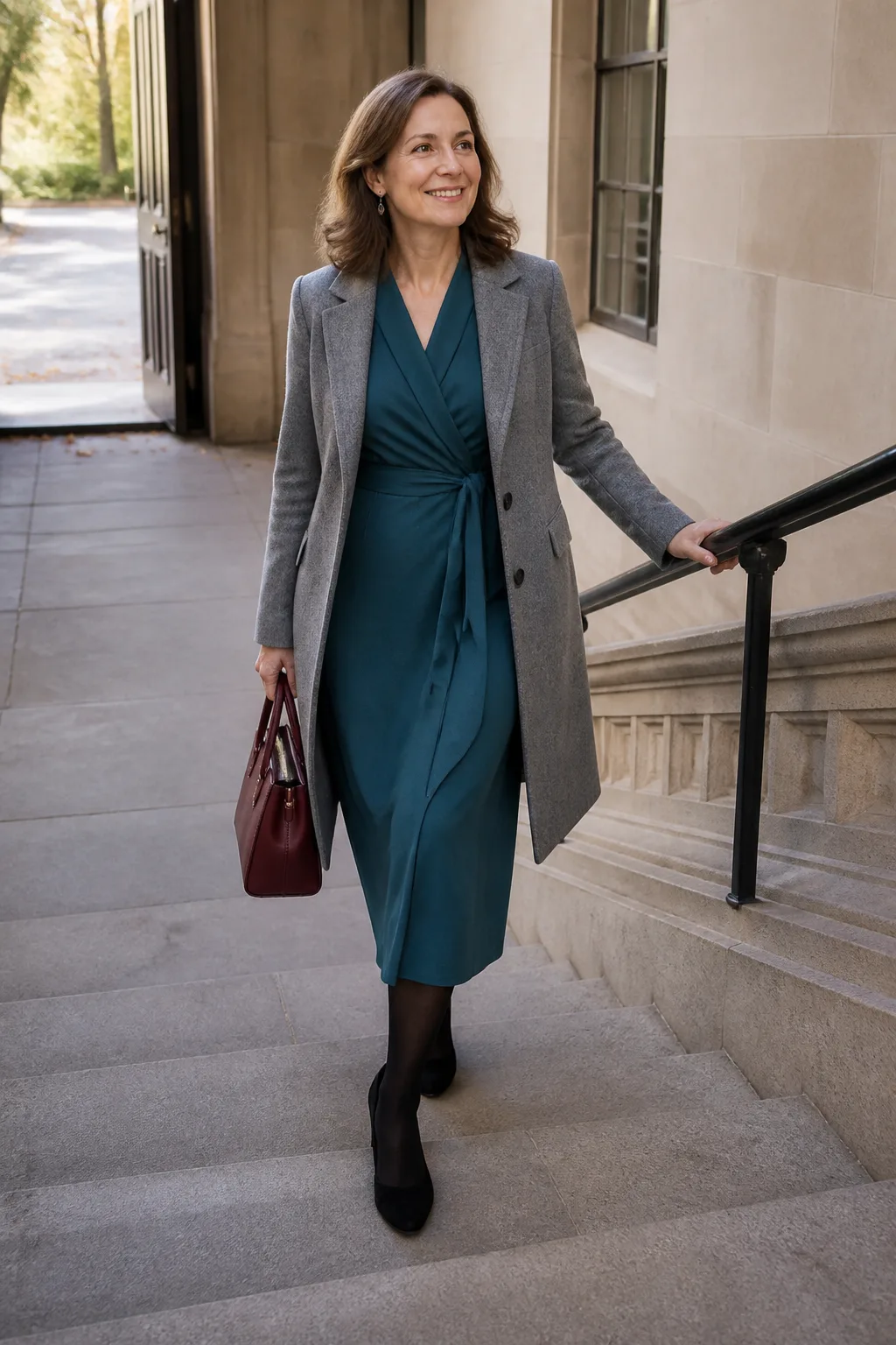 Teal Wrap Dress with Gray Coat