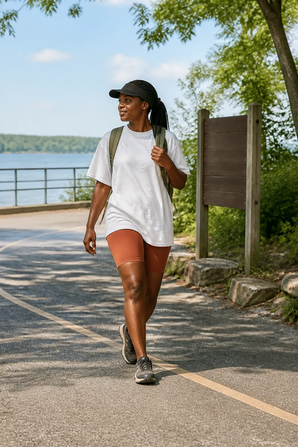 Terracotta Bike Shorts, Longline Tee, and Trail Shoes