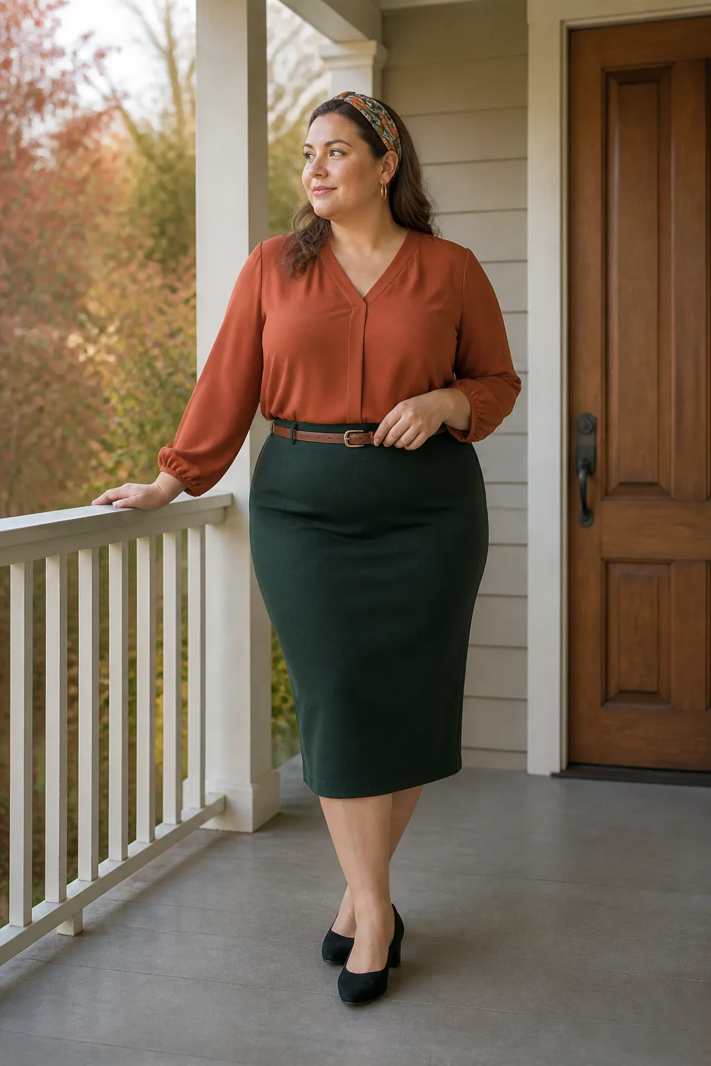 Terracotta Blouse with Forest Pencil Skirt