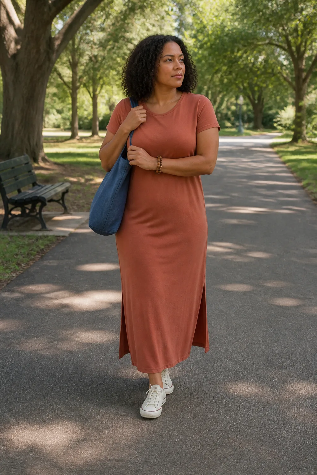 Terracotta Maxi Dress with Canvas Sneakers