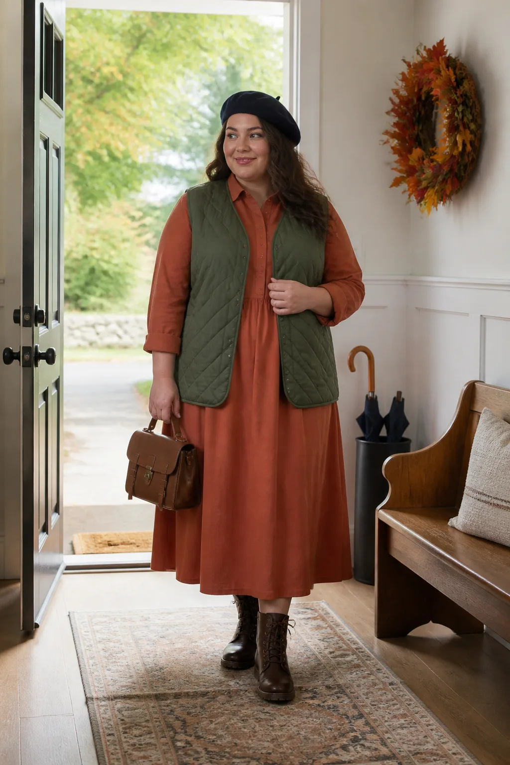 Terracotta Shirt Dress with Quilted Vest