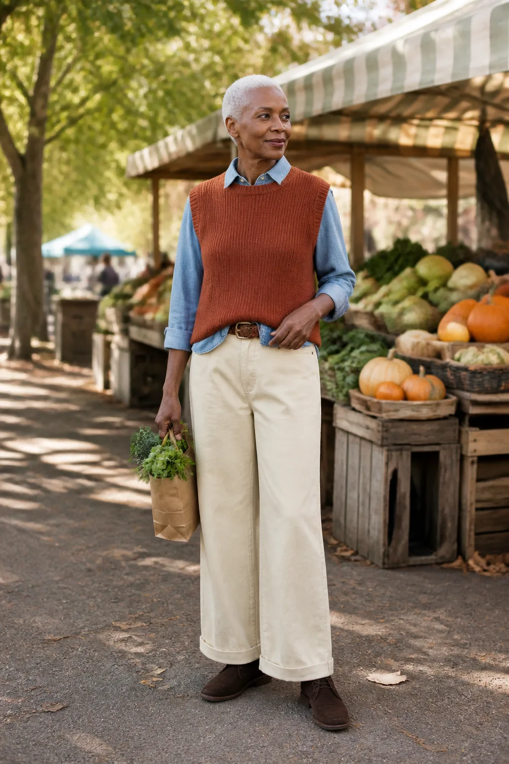 Terracotta Sweater Vest with a Denim Shirt