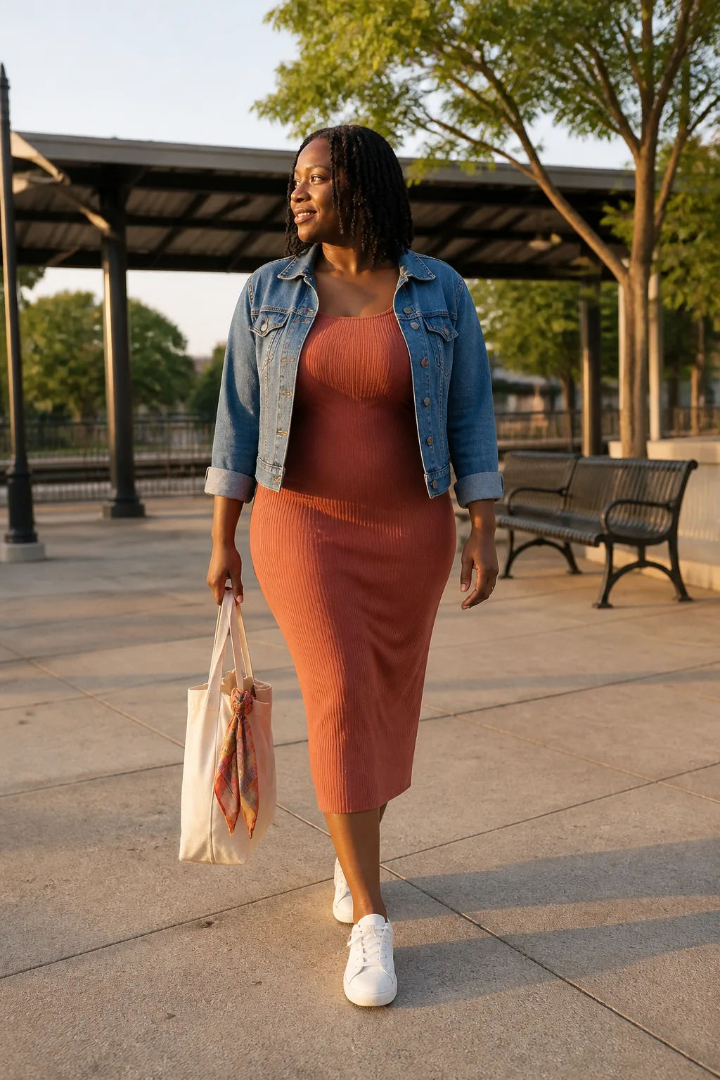 Terracotta Tank Dress with Denim Jacket