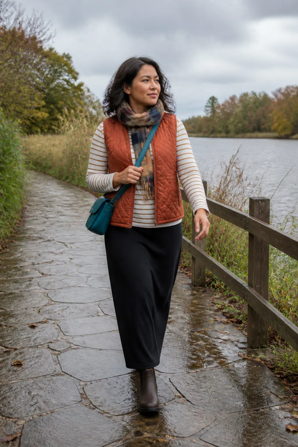 Terracotta Vest, Striped Shirt, and Black Maxi Skirt