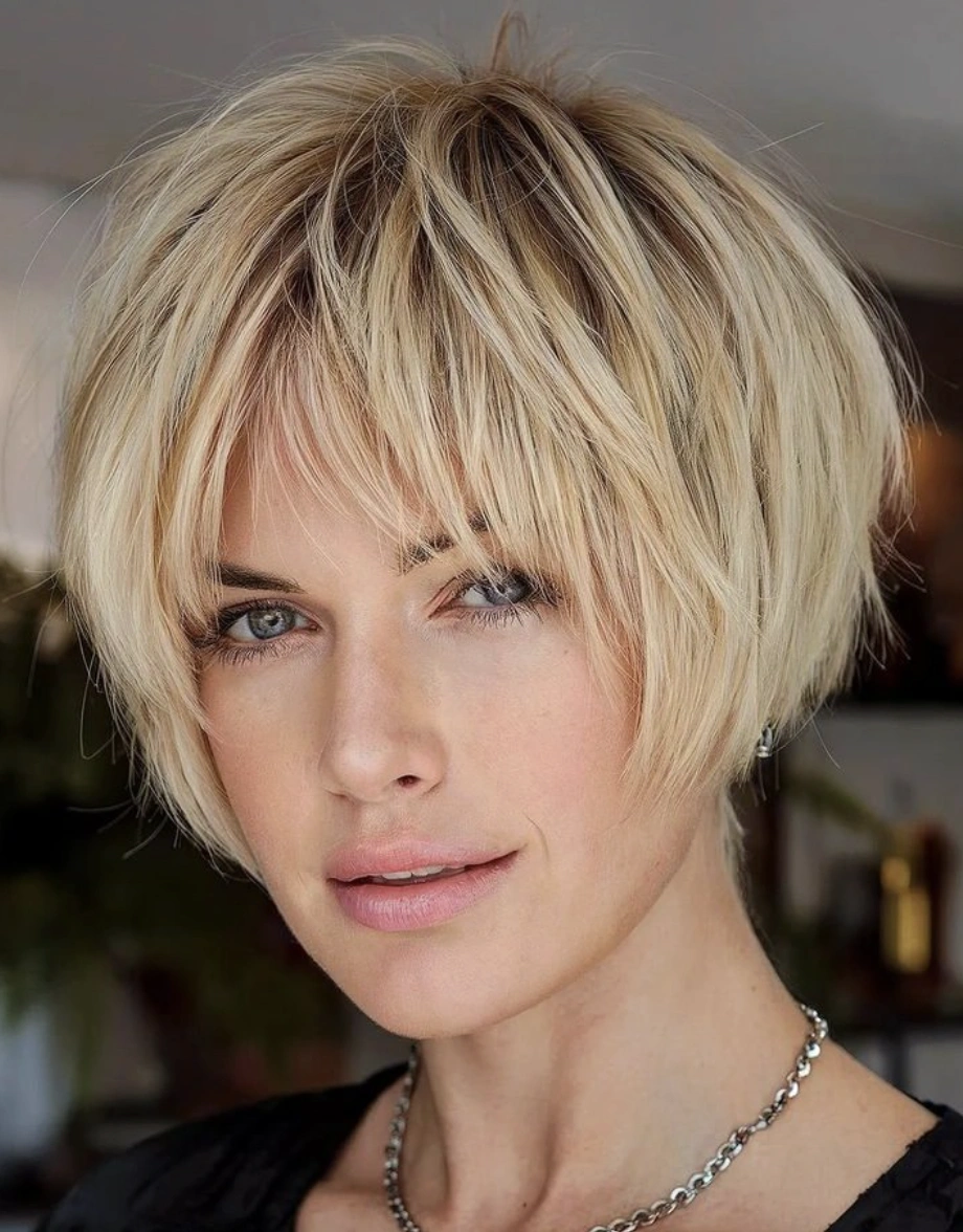 Textured Blonde Bob with Face-Framing Fringe