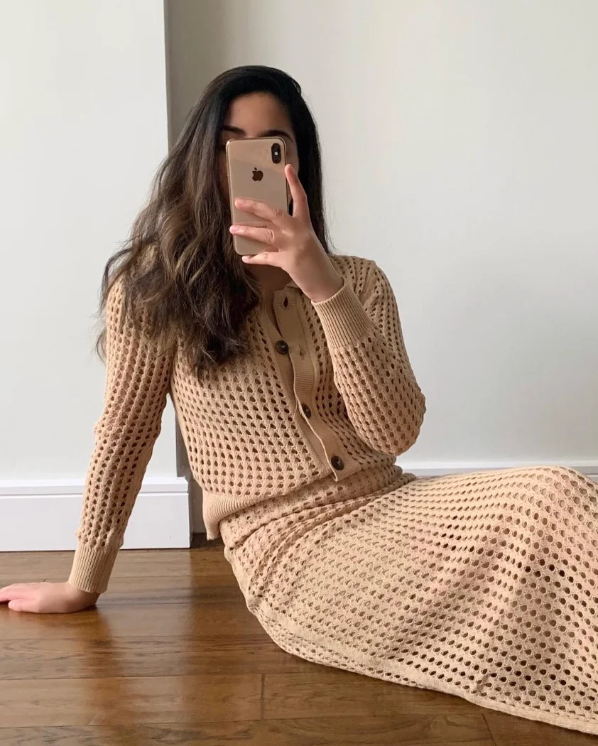 Textured Chic: Knit Cardigan + Midi Skirt