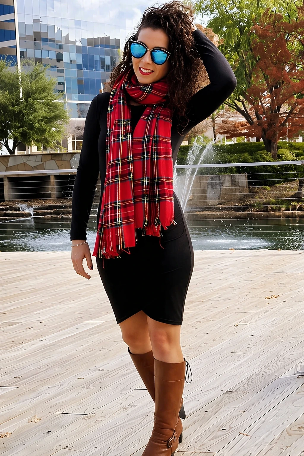 8- The Black Dress, Plaid Scarf, and Boots Combo