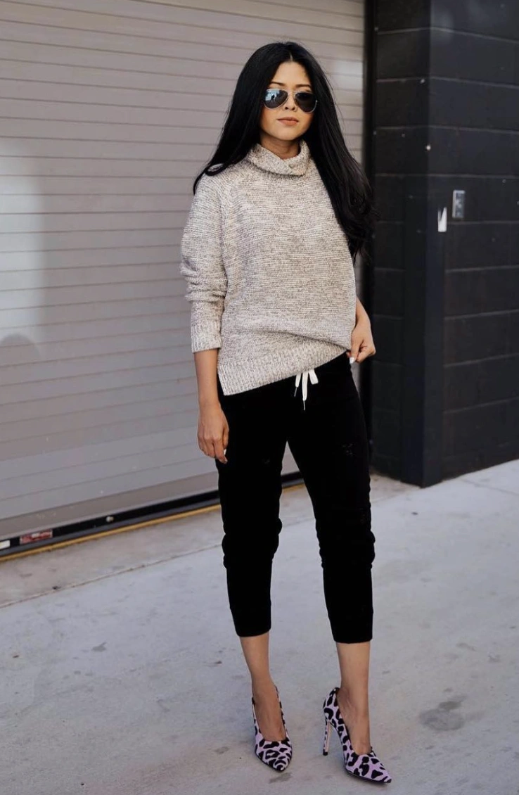 Turtleneck Sweatshirt + Black Joggers + Leopard Print Heels