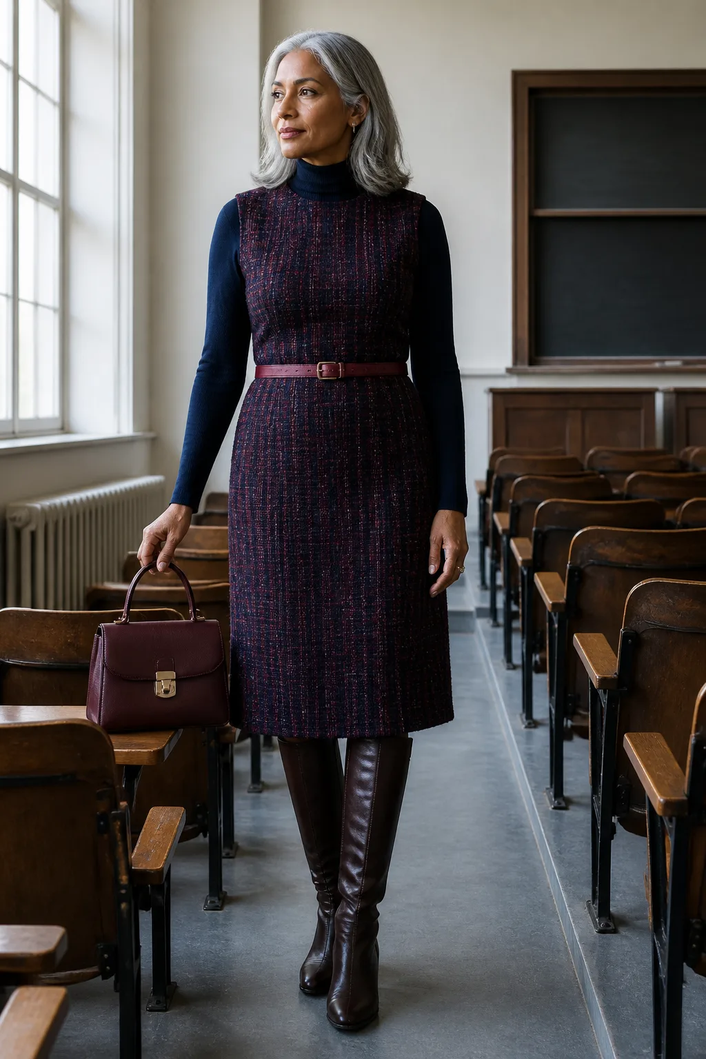 Tweed Dress, Turtleneck, and Knee Boots
