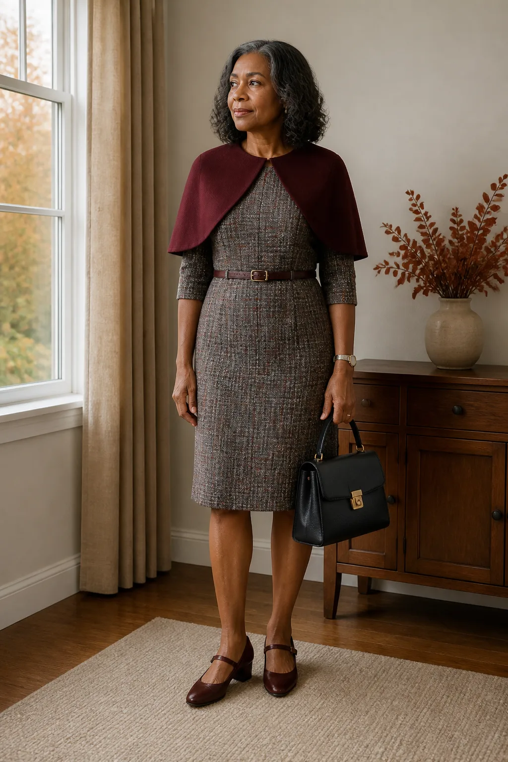 Tweed Sheath Dress with Burgundy Mary Janes