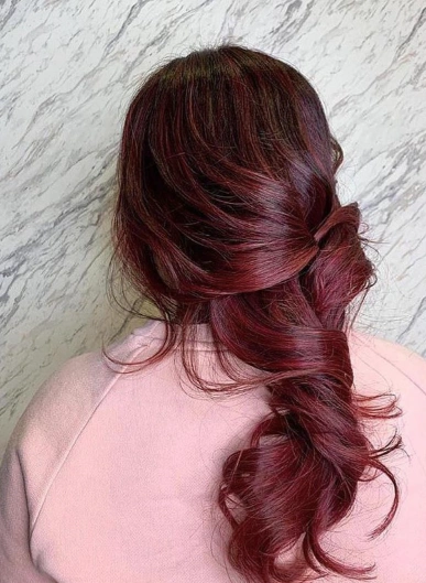 Twisted Low Ponytail with Deep Burgundy Red Balayage