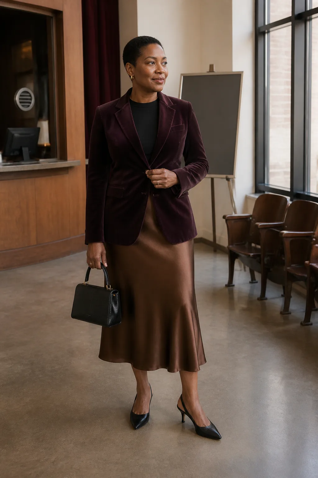 Velvet Blazer, Knit Top, and Satin Skirt