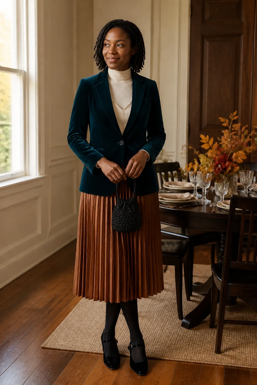 Velvet Blazer with Copper Pleated Skirt
