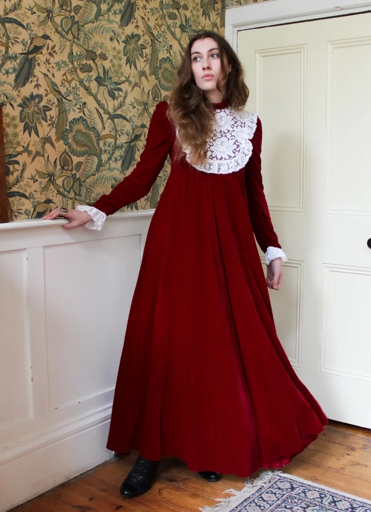 Velvet Grace: Red Empire-Waist Gown