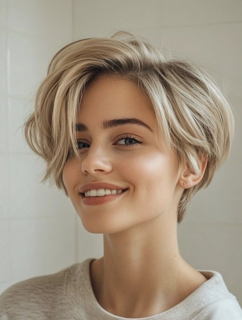 Versatile Layered Blonde Pixie Bob with Side-Swept Bangs