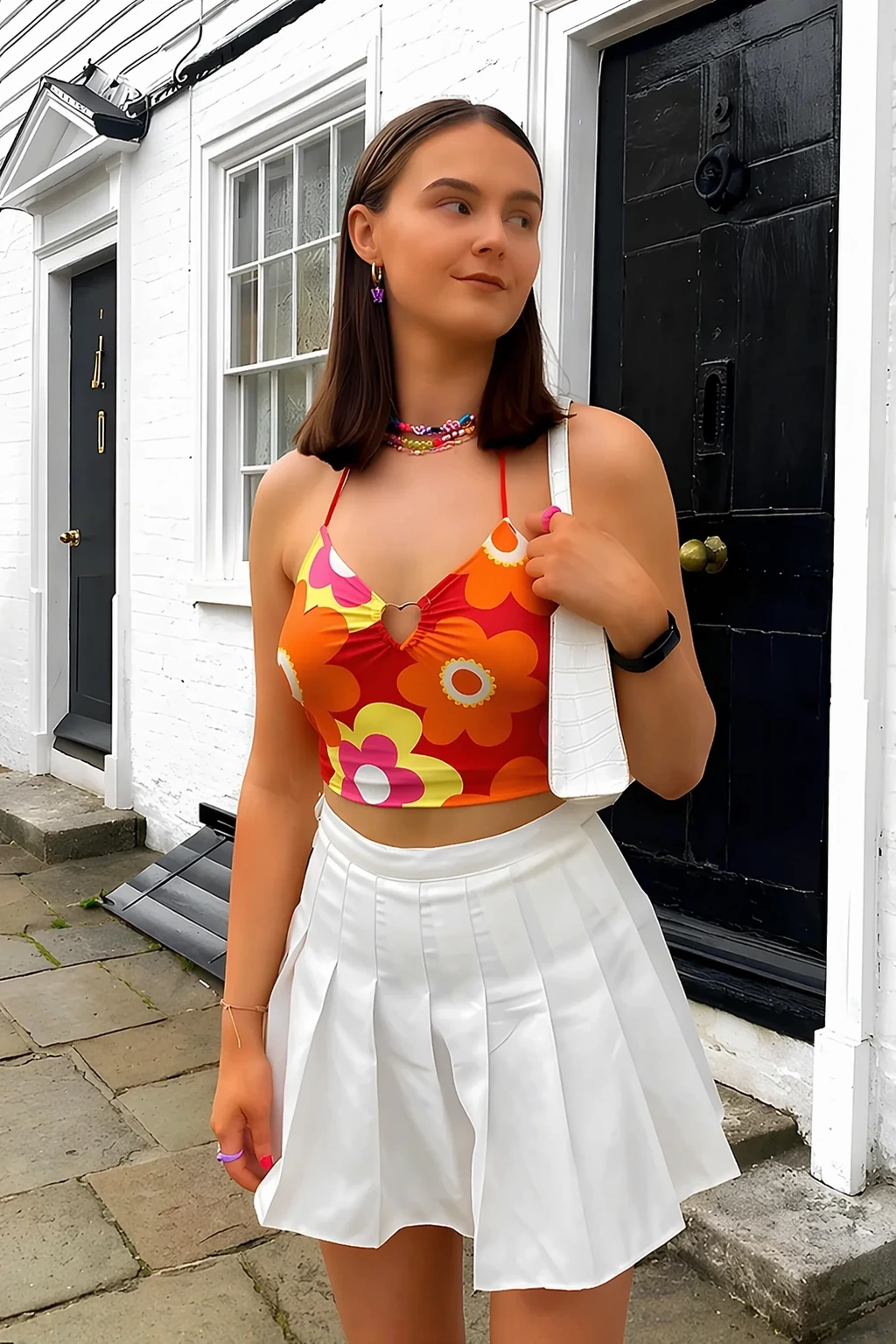 Vibrant Floral Halter Tops + White Pleated Skirt