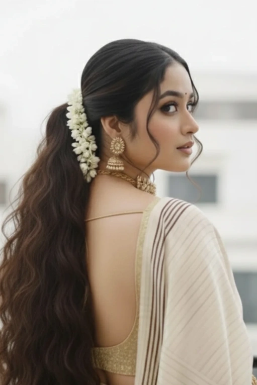 Voluminous Wavy Ponytail with Floral Adornment, Indian Inspired