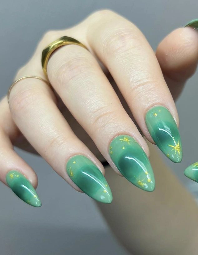 Watercolor Ombre Almond Nails with Gold Flakes
