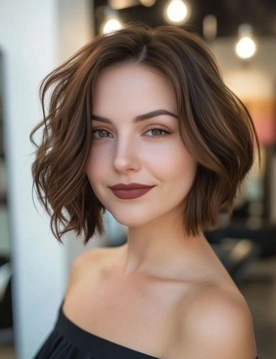 Wavy Auburn Bob with Off-the-Shoulder Top