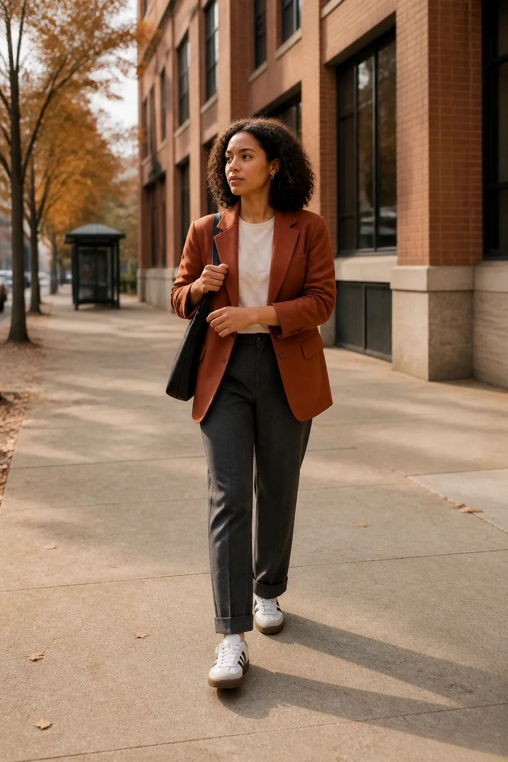 White-and-Black Sambas with a Rust Blazer