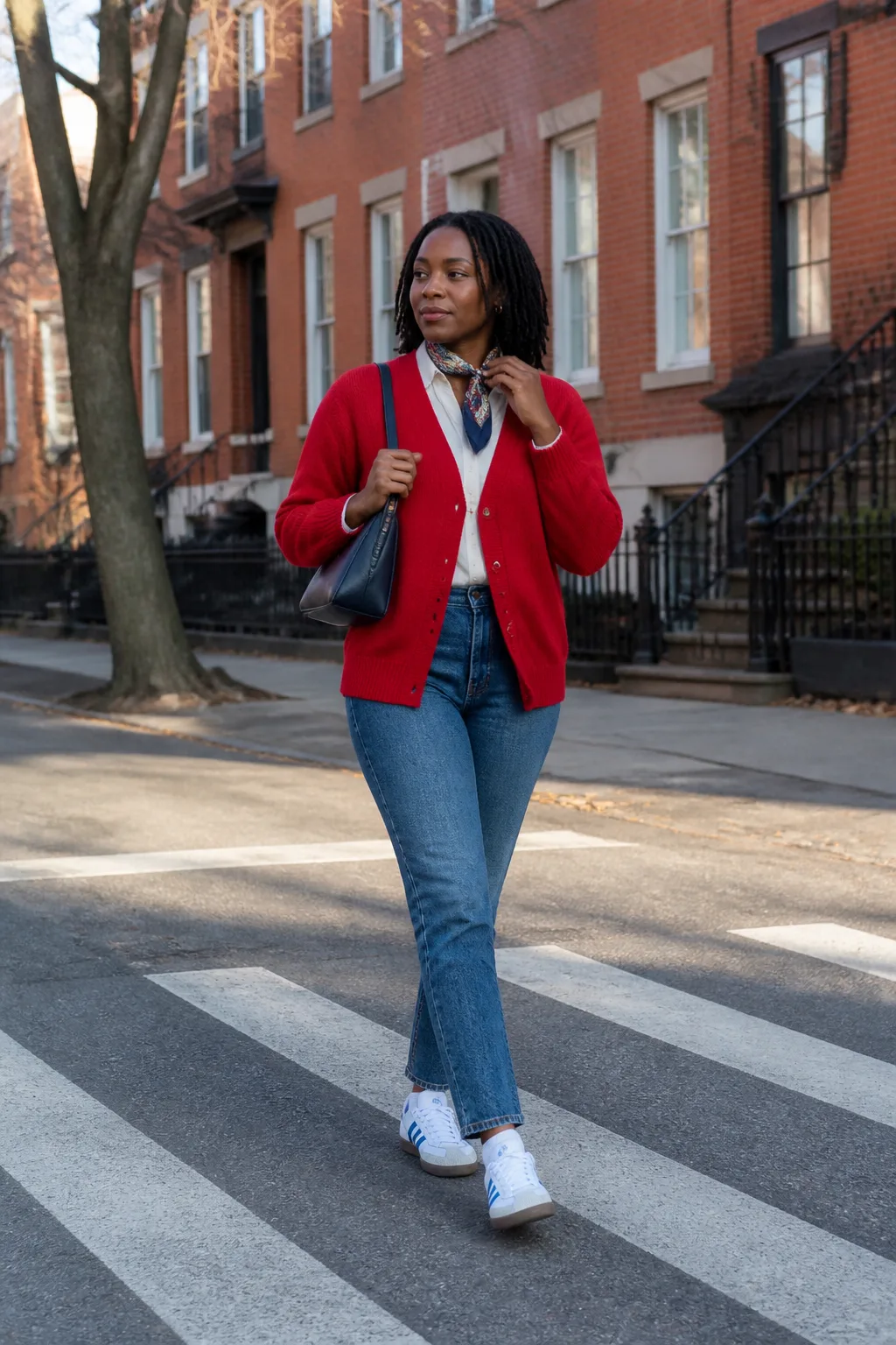 White-and-Blue Sambas with a Red Cardigan