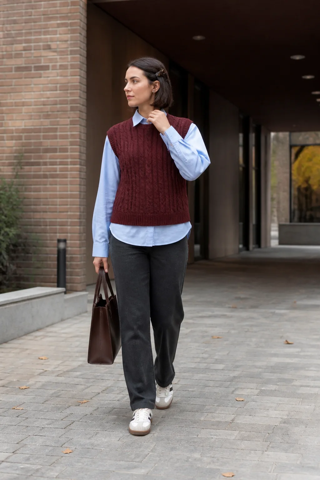 White-and-Tan Sambas with a Sweater Vest