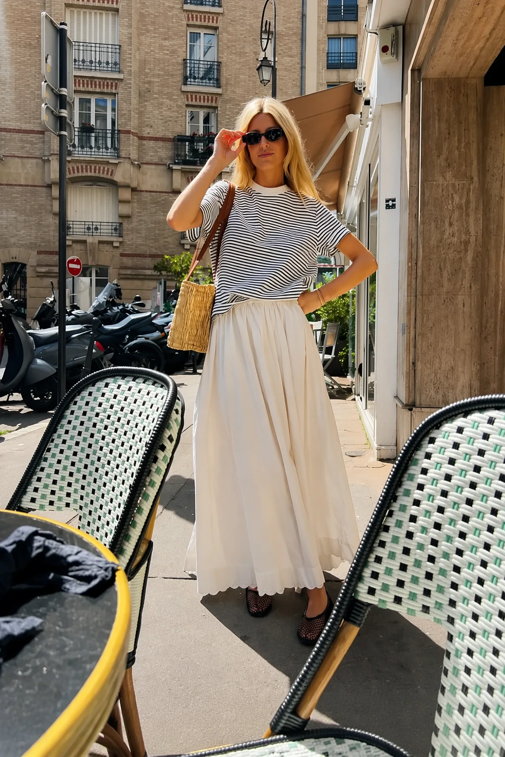 White Black Striped Short Sleeve T Shirt + Cream Maxi Skirt + Black Mesh Flats