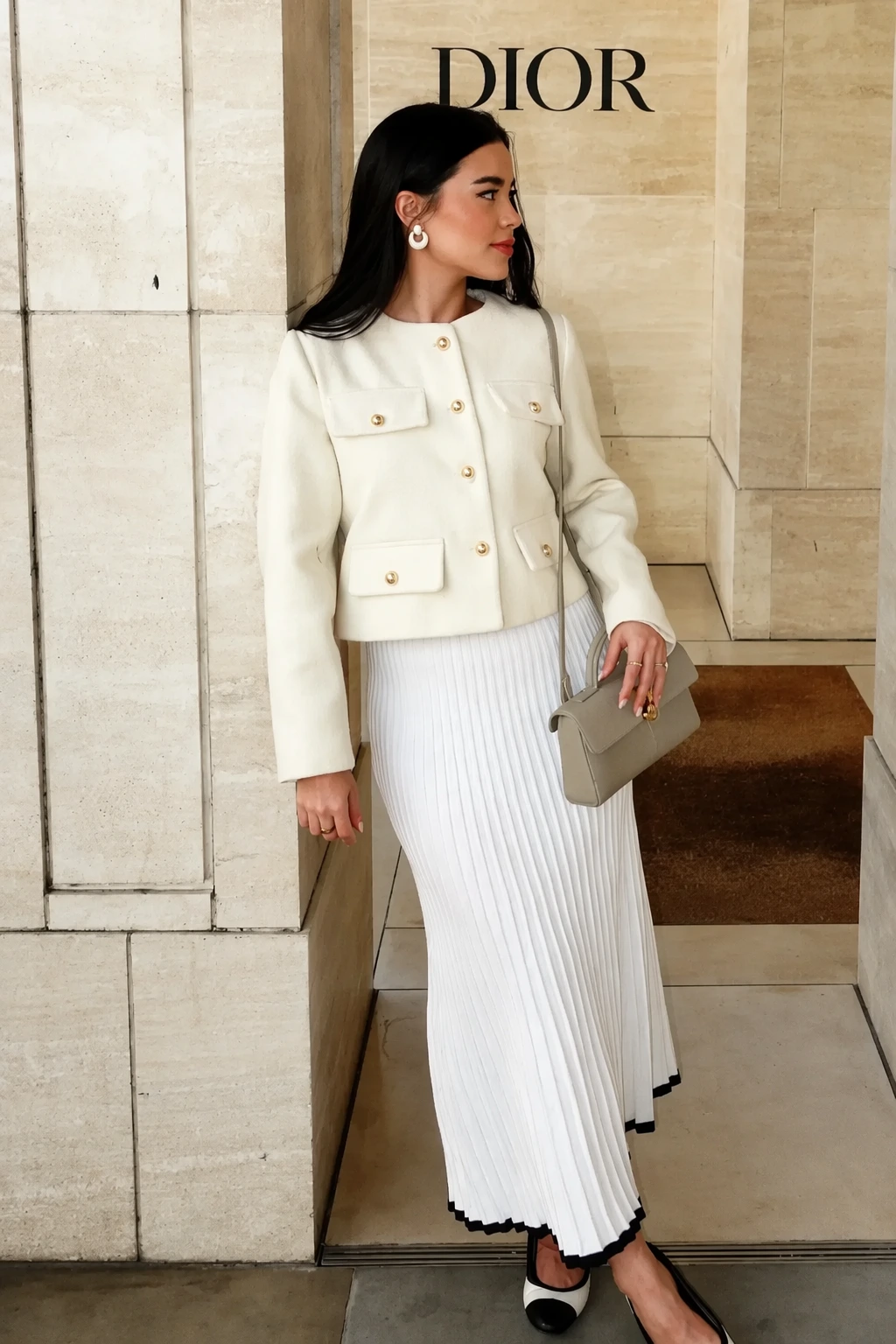 White Blazer + Elegant Pleated Midi Skirt + Stylish Black and White Heels