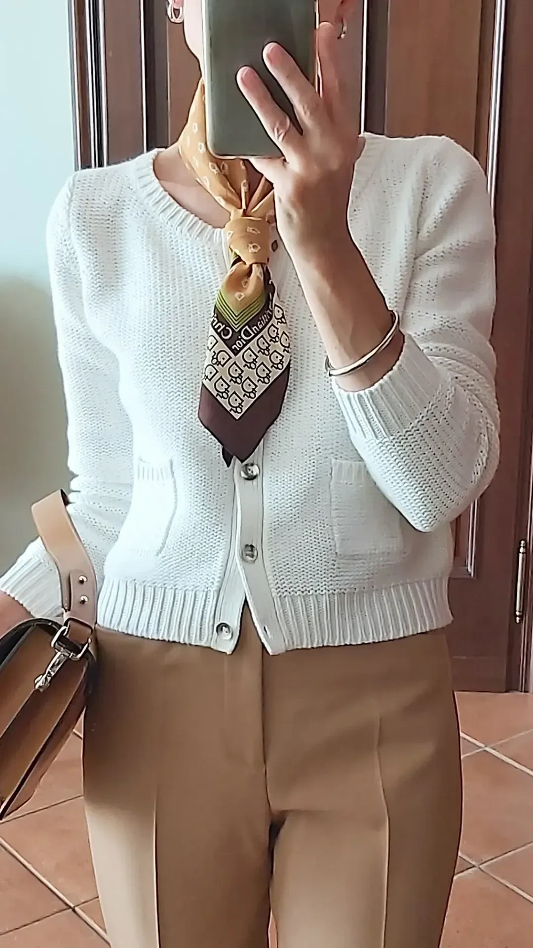 3- White Cardigan With a Silk Scarf