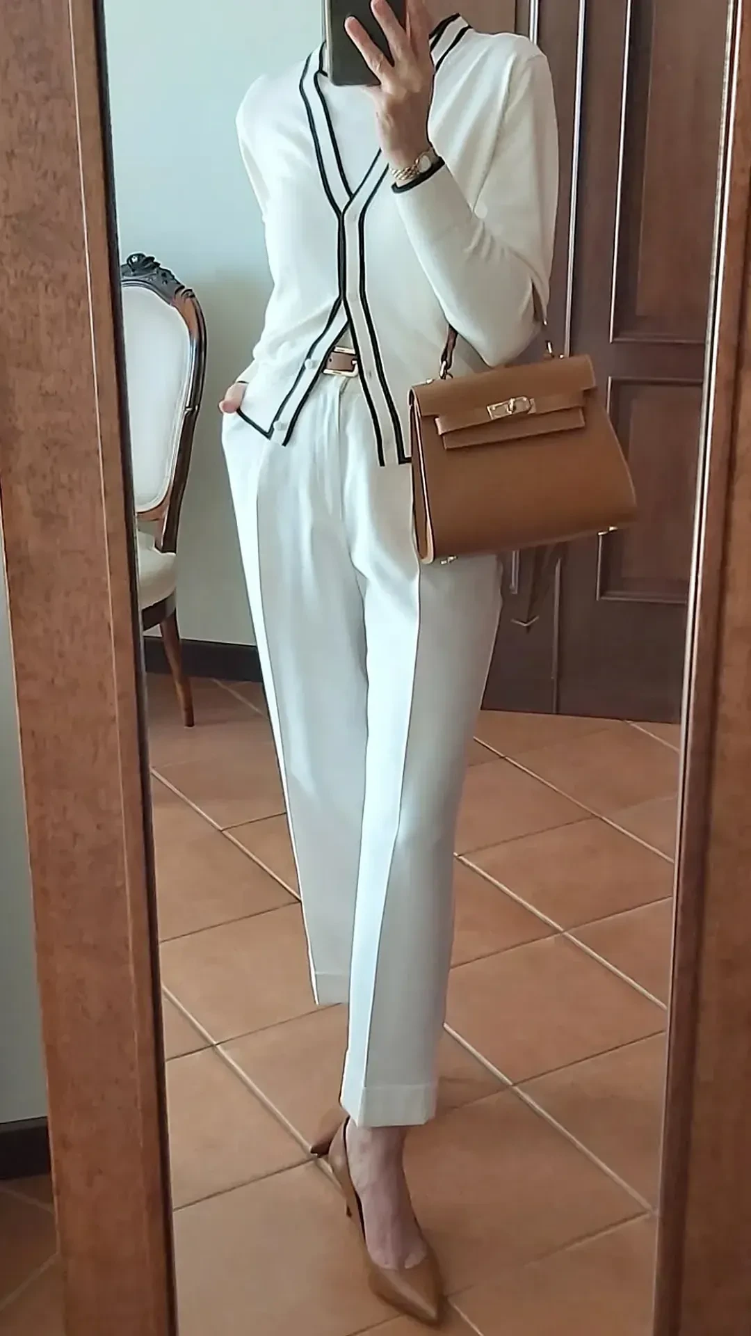 12- White Cardigan With Warm Tan Accessories