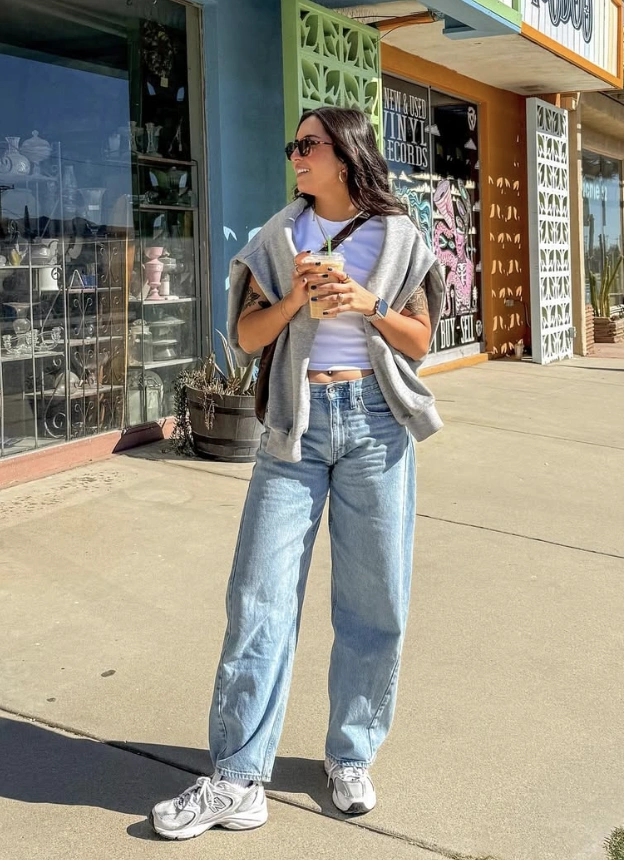 White Crop Tee + Oversized Denim + Grey Sweater + Dad Sneakers