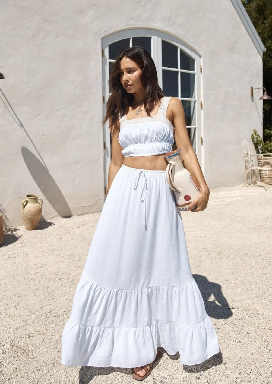 White Crop Top + Flowy Maxi Skirt + Leather Sandals