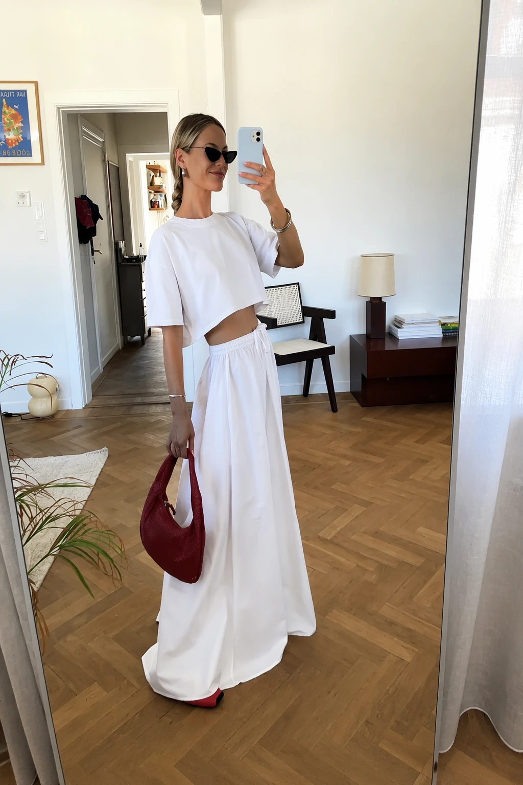 White Crop Top + White High-Waisted Maxi Skirt + Red Heeled Mules