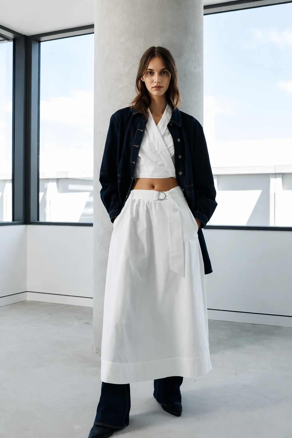 White Cropped Wrap Top + Black Oversized Denim Jacket + White High-Waisted Midi Skirt + Black Wide-Leg Trousers