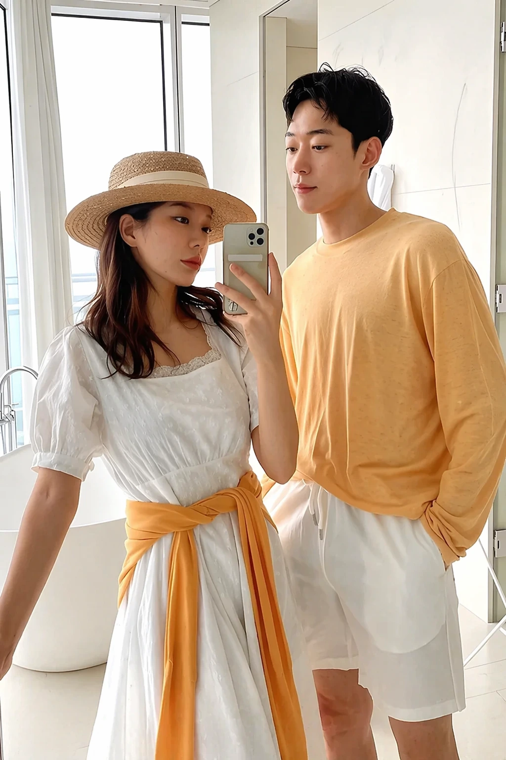 White Dress with Sunny Yellow Accents for Perfect Matching Couple Outfit