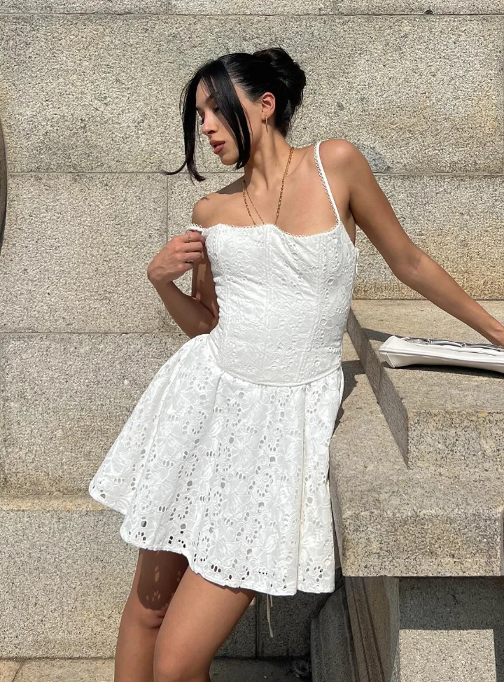 White Eyelet Mini Dress + White Strappy Heels